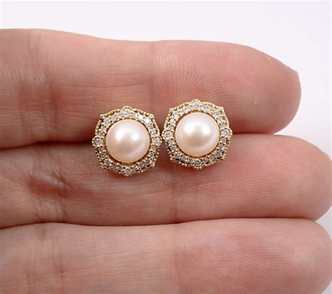 Pearl And Diamond Halo Stud Earrings Yellow Gold June Birthstone
