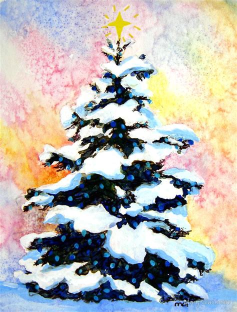Christmas Tree Watercolor Painting Of A Snowy Lit Pine Tree By Mary