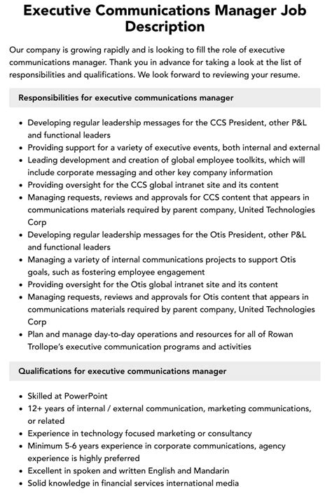 Executive Communications Manager Job Description Velvet Jobs