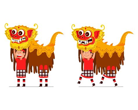 Performing Of Traditional Balinese Lion Dancer Flat Mask Barong Vector