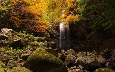 Waterfall Forest Autumn Autumn Landscape Rock Hd Wallpaper Peakpx