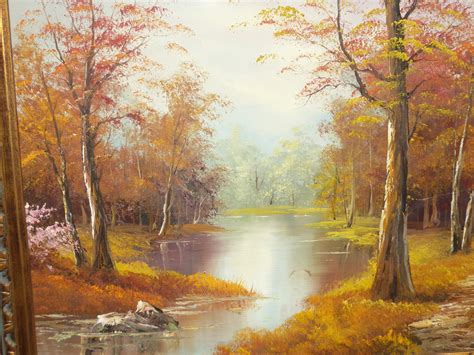 Vintage Orange Autumn Forest River Picture Oil On Canvas