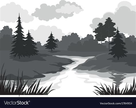 Landscape Trees And River Silhouette Royalty Free Vector