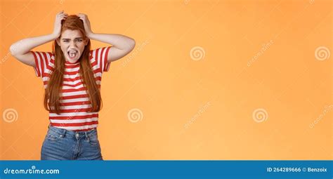 Uneasy Depressed Fed Up Redhead Girlfriend Scream Upset Grab Head Pull Hair Yelling Bothered