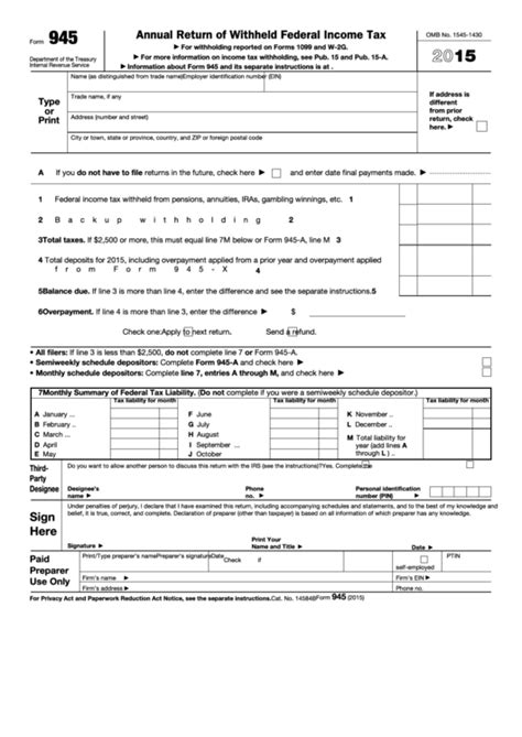 Because the buyer is the legal owner of the property, he or she can claim interest deductions and real estate tax deductions when calculating their personal income taxes; Fillable Form 945 - Annual Return Of Withheld Federal ...