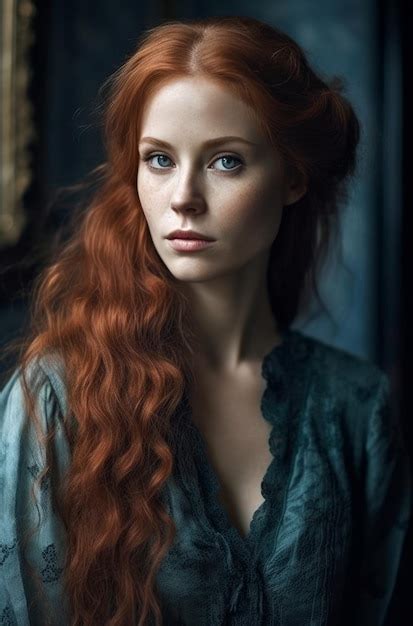premium ai image a woman with red hair and blue eyes looks into the camera