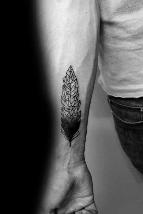 Mens Small Inner Forearm Geometric Feather Tattoo Design Ideas Tattoo