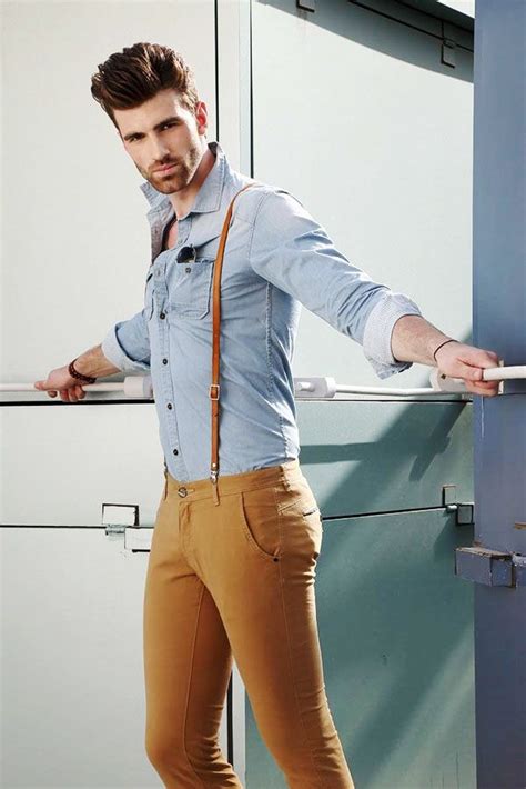 Blue Shirt Brown Pants With Suspenders Combination For Men Mens