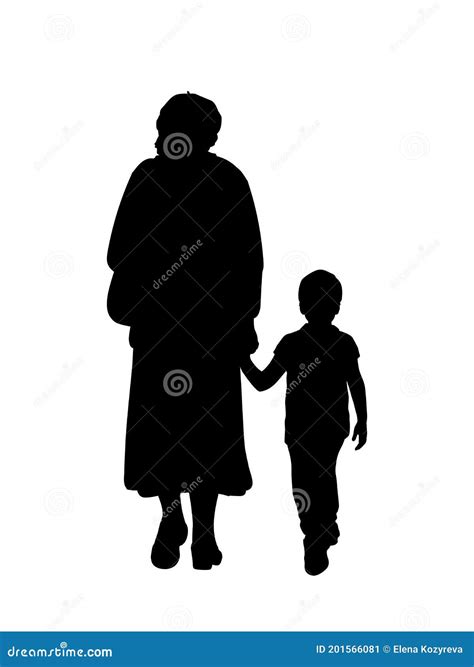 Silhouette Of Grandmother Walking With Grandson Stock Vector