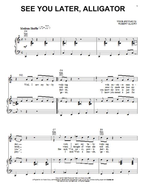 Here are a few of my favorite preschool goodbye songs or closing songs: See You Later, Alligator | Sheet Music Direct