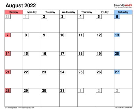 August 2022 Calendar Templates For Word Excel And Pdf