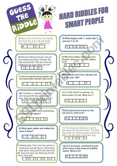 Hard Riddles For Smart Students Esl Worksheet By Savvinka