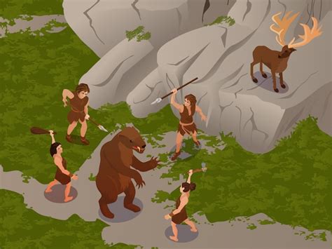 Ancient People Using Primitive Hunting Weapons Free Vector