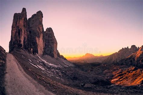 Sunset Light In Dolomiti Mountainsnear Tre Cime Di Lavaredo Stock