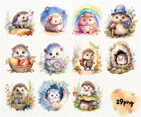 Chubby Hedgehogs Watercolor Clipart Cute Kawaii Cartoon Hedgehogs Baby