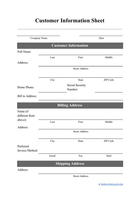 Free Printable Customer Information Form Printable World Holiday