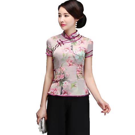 chinese traditional women mandarin collar blouse elegant mother short sleeve wedding shirt sexy