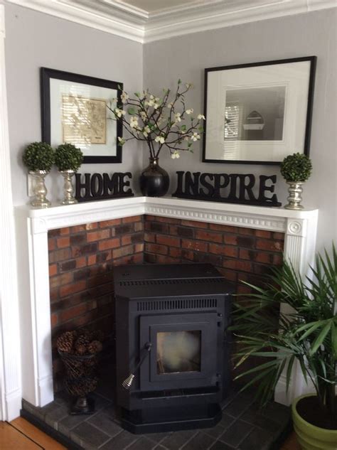 Pellet stove corner mantle stone wall & rustic pallet box for pellets. Best 25+ Pellet stove ideas on Pinterest | Wood stove ...