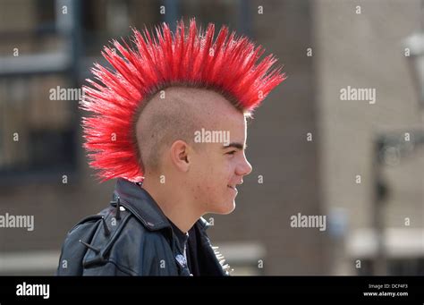 Punk Boy With A Red Mohawk Hairstyle Stock Photo Alamy