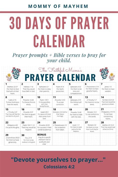 30 Days Of Prayer Calendar Prayer Prompts And Bible Verses To Pray For