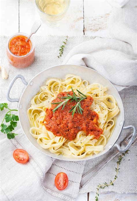 Tagliatelle Pasta with Tomato Sauce and Red Pesto Italian Cuisine Stock ...