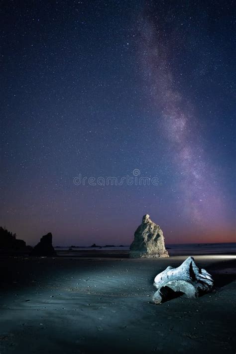 Milky Way Over Ocean Sea Stacks Along The Pacific Oceang Stock Photo