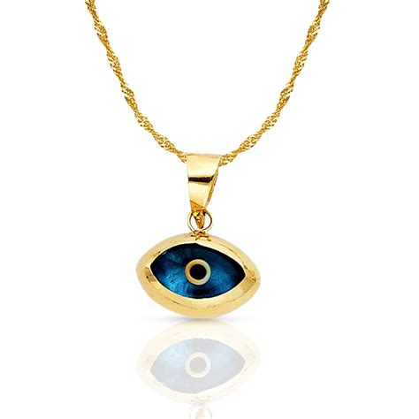 14K Yellow Gold Blue Evil Eye Charm Pendant With 1 2mm Singapore Chain