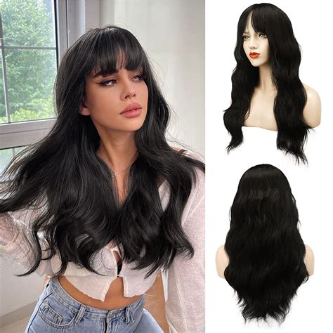 Barsdar Long Fluffy Wavy Wig With Bangs For Women 26 Inch