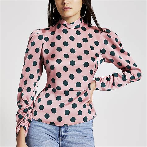 Pink High Neck Polka Dot Top River Island