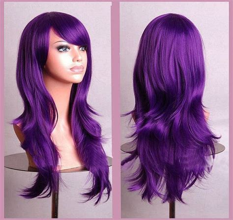 Purple Long Wig Long Wavy Dark Purple Wig With Side Bangs Etsy