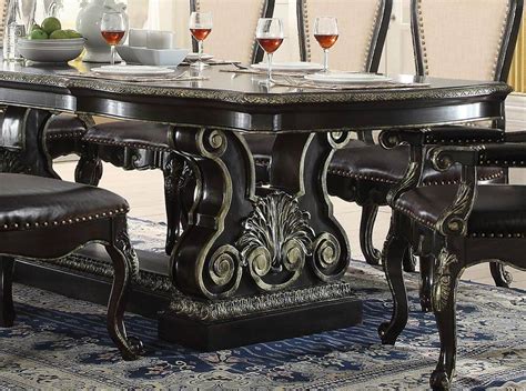 Walnut finish 60 inch dining table with carved apron and spanish style accents and base. McFerran D5188 Ebony Gold Gothic Double Pedestal Dining ...