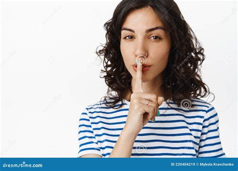 Shh Keep Secret Smiling Sensual Brunette Woman Shushing Telling To Keep Quiet Taboo Gesture