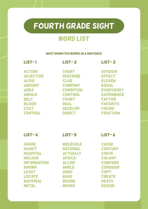 10 Best Fourth Grade Sight Words Printable