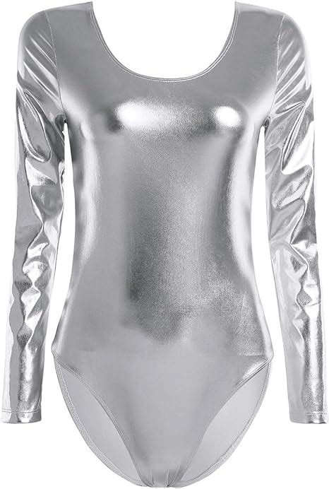 Tssoe Womens Metallic Liquid Leotard Bodysuit Long Sleeves Gymnastics