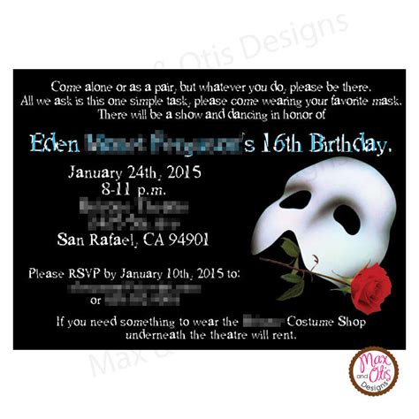 The Phantom Of The Opera Inspired Printable Invitation Or Printed For Additional Charge