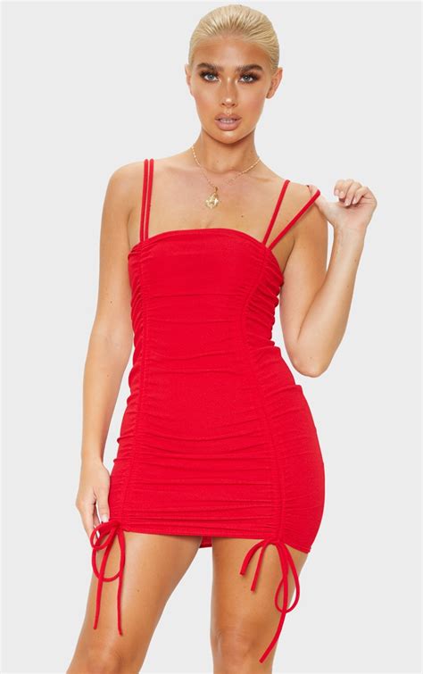 Red Ruched Front Strappy Bodycon Dress Prettylittlething