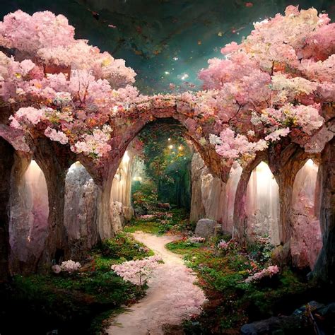 Premium Photo Realistic Landscape Inside Cherry Blossom Forest With