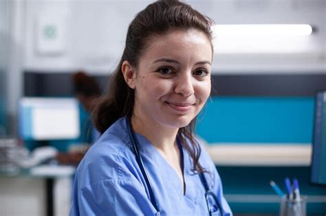 Premium Photo Cheerful Caucasian Nurse Inside Modern Clean Medical