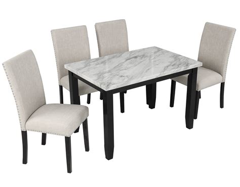 Retro Faux Marble 5 Piece Dining Set Table With 4 Thicken Long Back