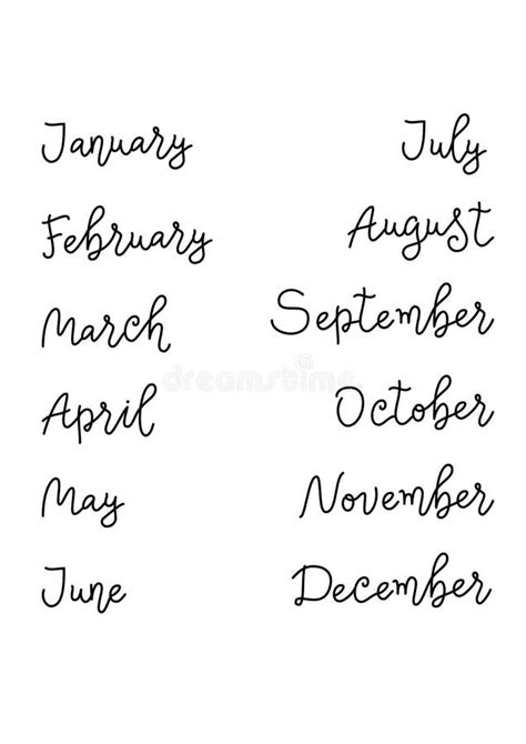Handwritten Decorative Calligraphy Lettering Of Months Of The Year In
