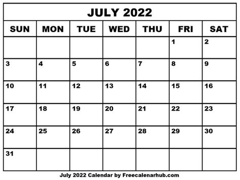 Free Printable July 2022 Calendar Calendar Download Calendar July