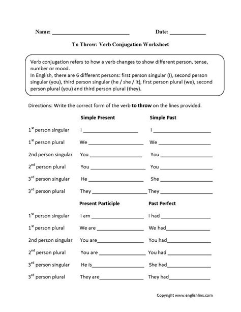 Verb Conjugation Chart English Worksheets Armes