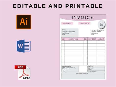 Printable Invoice Template Editable Business Invoice Sheet Etsy