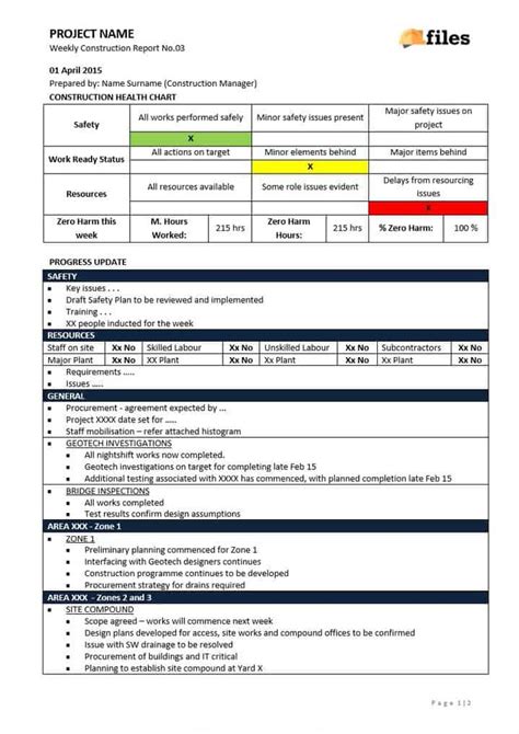 Project Weekly Report Template Construction Documents And Templates