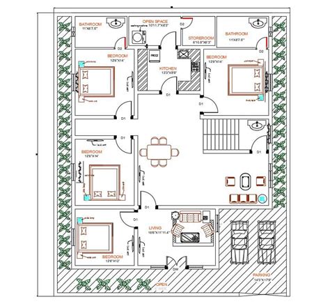 4 Bedroom House Autocad Ground Floor Plan Design Cadbull