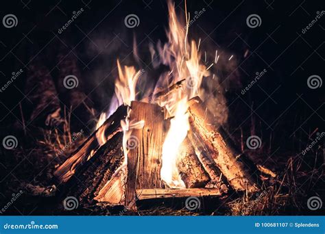 Campfire In Night Camp During Camping Holidays Stock Image Image Of