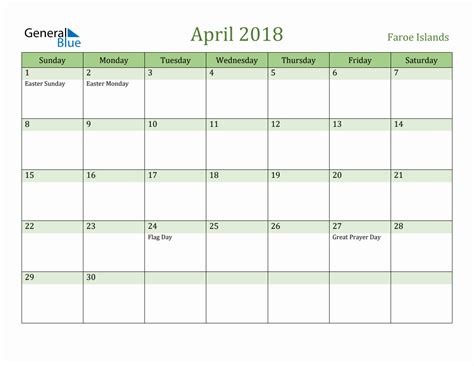 Fillable Holiday Calendar For Faroe Islands April 2018