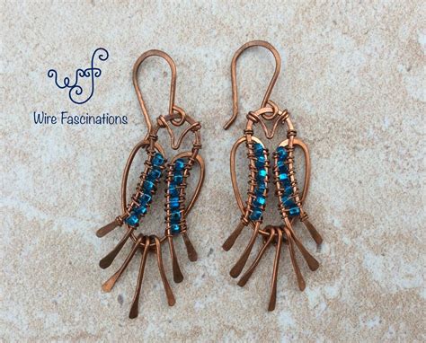 Handmade Copper Earrings Wire Wrapped Bluebird With Blue Crystal Glass