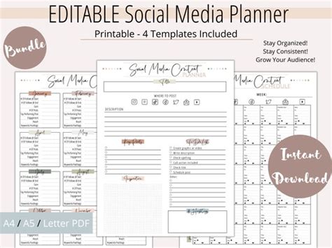 Printable Social Media Content Planner Editable Social Media Etsy