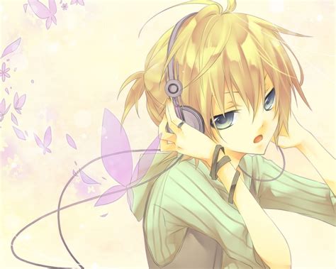 Headphones Blondes Vocaloid Pink Butterfly Blue Eyes Kagamine Len Short
